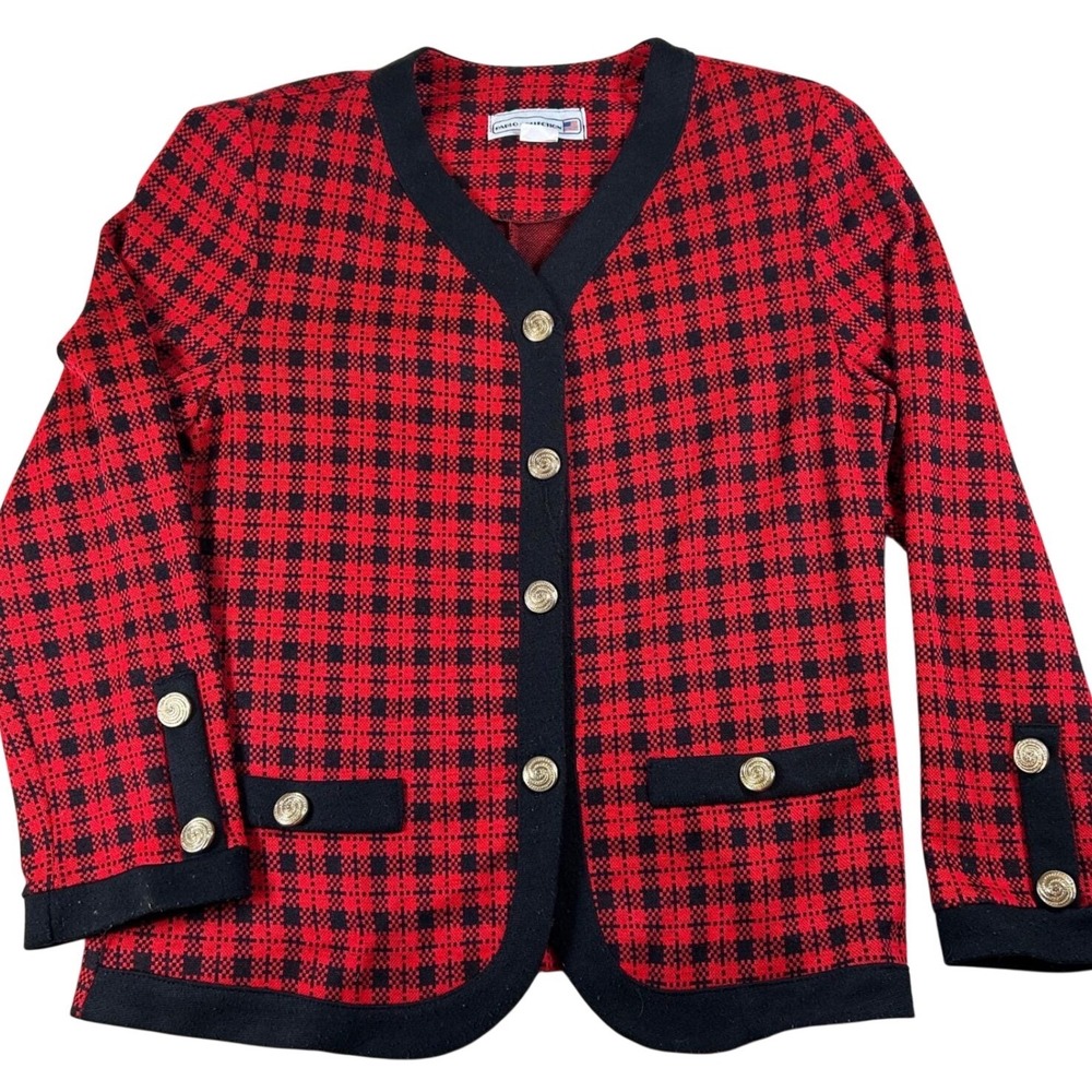 Vintage Pablo Collection Plaid Knit Blazer Womens 10 Red Black Gold Buttons USA‎
